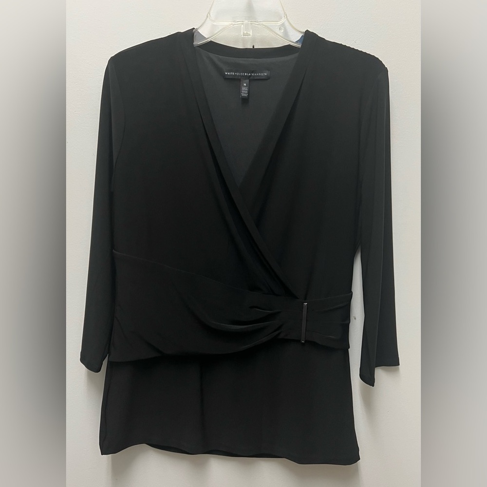 White House Black Market 3/4 Sleeve crossover blouse shirt  solid black  sizeM
